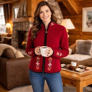 EUC Embroidered Icelandic Design 100% wool zip up cardigan with pockets - size S